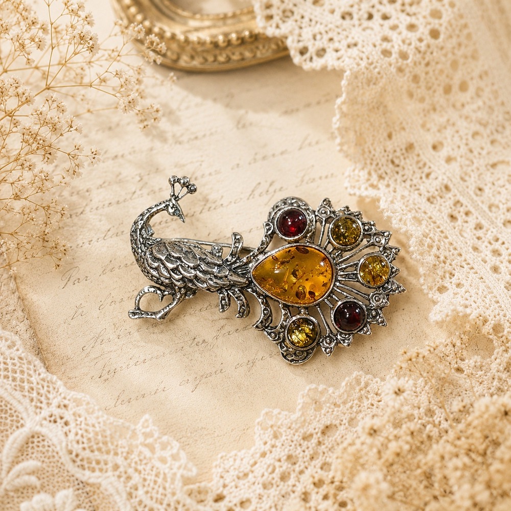 Vintage Polish Baltic‎ Amber Peacock Brooch 925 Sterling Silver Statement Pin